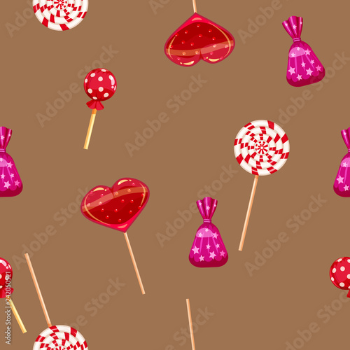 Seamless pattern of colored chocolates in a pack, swirl caramel, chocolate. Cute ornament for packaging, fabric, background, banner, poster, vector, illustration, isolated, cartoon style