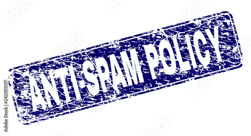 ANTI-SPAM POLICY stamp seal watermark with grunge texture. Seal shape is a rounded rectangle with frame. Blue vector rubber print of ANTI-SPAM POLICY tag with grunge texture.