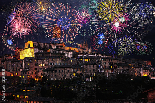 Fireworks over the city of Siena, Toscany