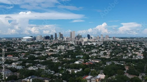 Aerial view of skyline and skyscrapers in Downtown New Orleans, Louisiana