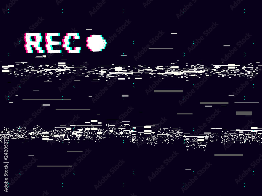 Glitch old camera rec on black background. VHS concept. Retro record effect. Abstract noise
