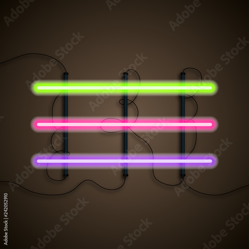 Set of realistic colorful neon lights. Neon light set. Neon lamps. Light tubes with shadowon gradient background photo