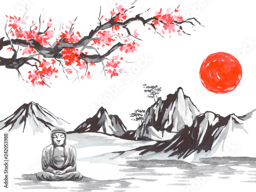 Japan traditional sumi-e painting. Fuji mountain, sakura, sunset. Japan sun. Indian ink illustration. Japanese picture.