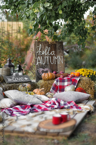 harvest of pumpkin. Vintage iron lantern in autumn scene outdoor. Autumn vintage decor with lanterns and pumpkins.