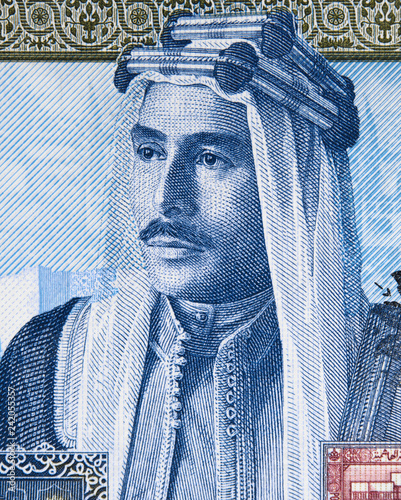 King Talal of Jordan portrait on Jordanian 10 dinar banknote. Jordanian money currency close up. photo