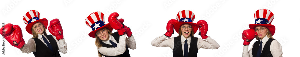 Woman with boxing gloves isolated on white Woman with boxing gloves isolated on white
