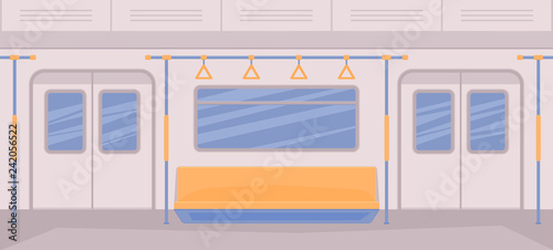 Subway train car inside. Interior with seats, a door for entrance and exit, handrails, window.