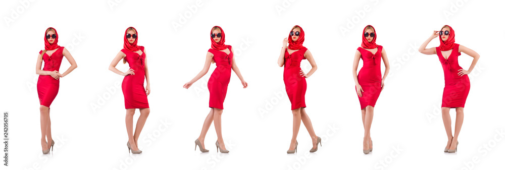 Blondie in red dress isolated on white Blondie in red dress isolated on white