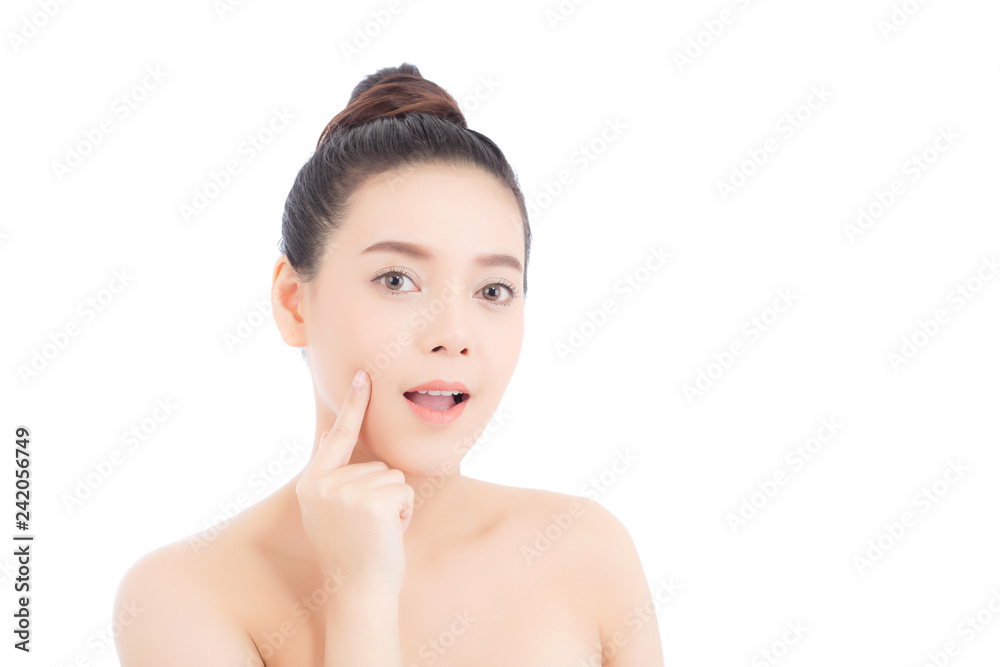 Portrait of beautiful woman asian makeup of cosmetic, girl hand touch cheek and smile attractive, face of beauty perfect with wellness isolated on white background with skin healthcare concept. Portrait of beautiful woman asian makeup of cosmetic, girl hand touch cheek and smile attractive, face of beauty perfect with wellness isolated on white background with skin healthcare concept.