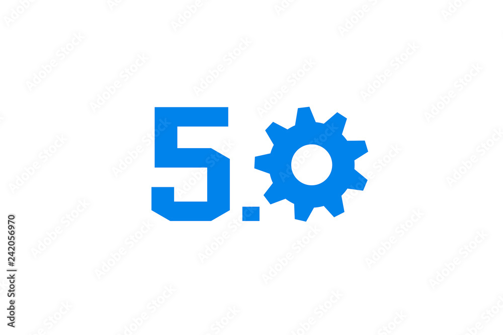 Industry 5.0 concept . Number 5 and gear texts and blue tone of automate wireless Robot arm in smart factory with white background Industry 5.0 concept . Number 5 and gear texts and blue tone of automate wireless Robot arm in smart factory with white background
