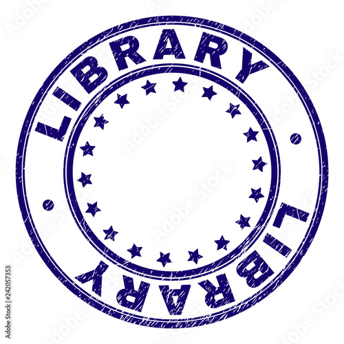 LIBRARY stamp seal watermark with grunge texture. Designed with round shapes and stars. Blue vector rubber print of LIBRARY text with grunge texture.