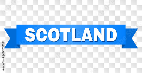 SCOTLAND text on a ribbon. Designed with white title and blue stripe. Vector banner with SCOTLAND tag on a transparent background.