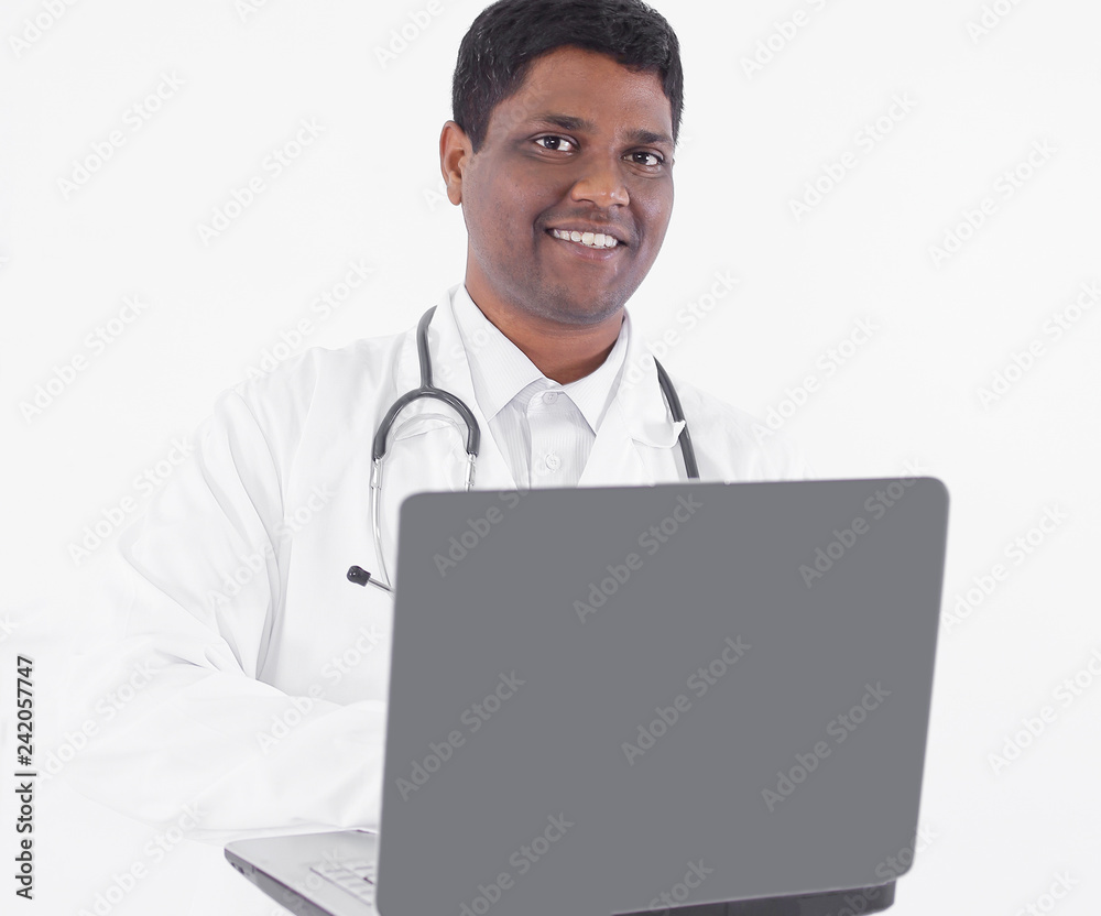 closeup.therapist working on the laptop.isolated on white closeup.therapist working on the laptop.isolated on white