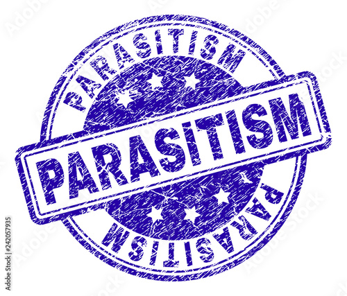 PARASITISM stamp seal imprint with grunge texture. Designed with rounded rectangles and circles. Blue vector rubber print of PARASITISM caption with grunge texture.
