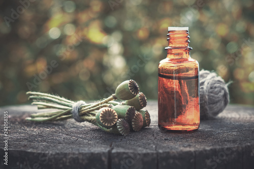 Fotografia Poppies, poppy flower heads and bottle of infusion