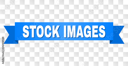 STOCK IMAGES text on a ribbon. Designed with white caption and blue stripe. Vector banner with STOCK IMAGES tag on a transparent background.