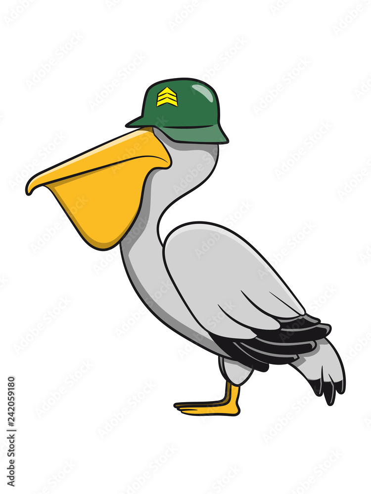 Obraz premium Pelikan militär soldat witzig vogel sitzen seevogel fliegen Meer cartoon natur Wasser Tier mehrfarbig