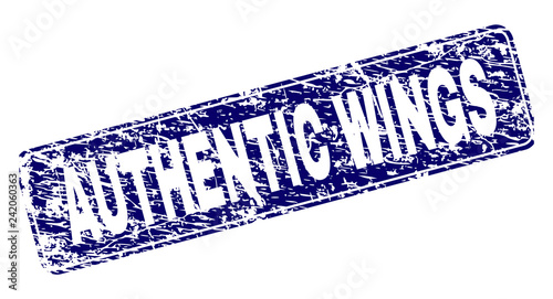 AUTHENTIC WINGS stamp seal print with distress style. Seal shape is a rounded rectangle with frame. Blue vector rubber print of AUTHENTIC WINGS text with unclean style.