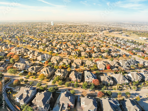 Aerial view new development neighborhood in Cedar Hill, Texas, USA in morning fall with colorful leaves. A city in Dallas and Ellis counties located approximately 16 miles southwest of downtown Dallas