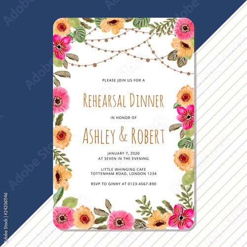 rehearsal dinner invitation with floral and string light background