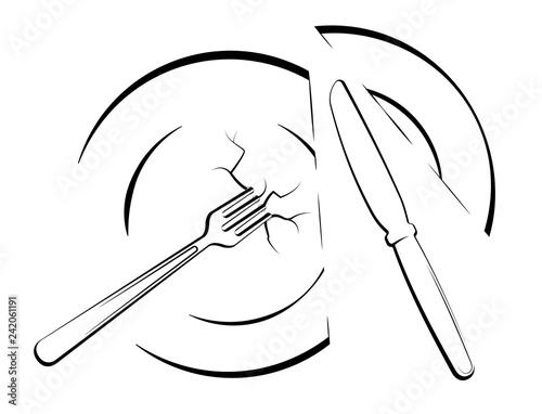 Abstract image or logo with a cut plate, knife and fork. For an article about losing weight, diet or poverty. Black and white sign.