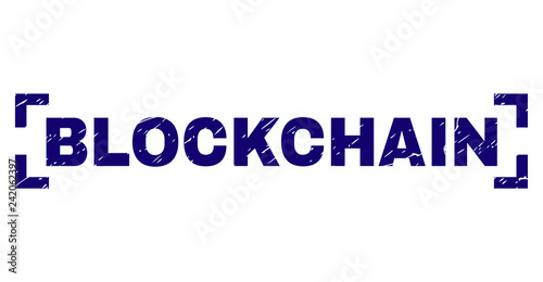 BLOCKCHAIN text seal stamp with corroded texture. Text title is placed between corners. Blue vector rubber print of BLOCKCHAIN with scratched texture.