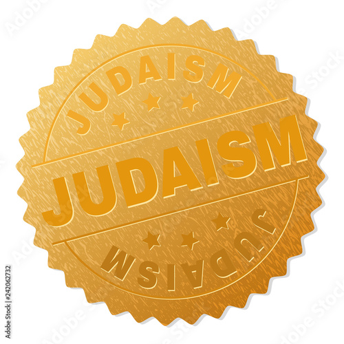 JUDAISM gold stamp award. Vector golden medal with JUDAISM text. Text labels are placed between parallel lines and on circle. Golden skin has metallic structure.
