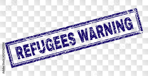 REFUGEES WARNING stamp seal print with rubber print style and double framed rectangle shape. Stamp is placed on a transparent background.