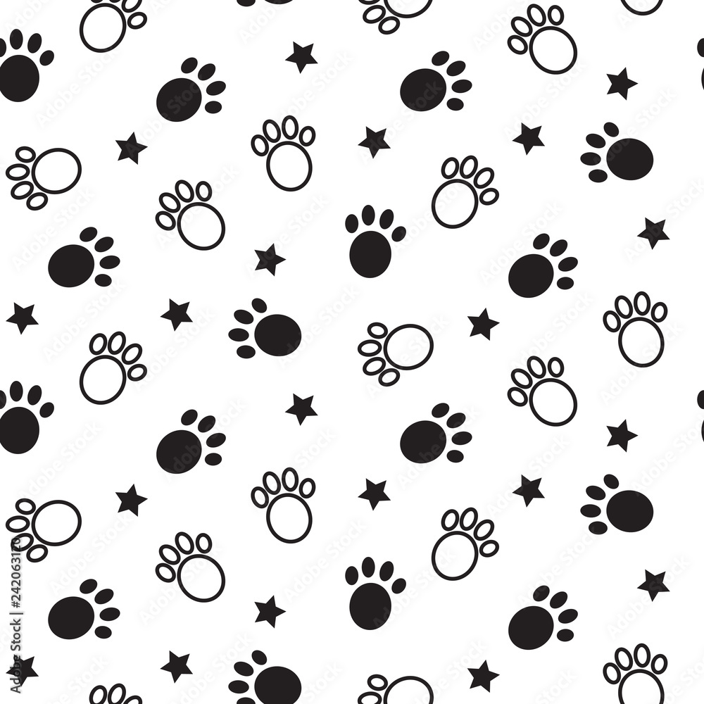 Fototapeta premium Paws seamless vector pattern. Animal tracks black and white background.