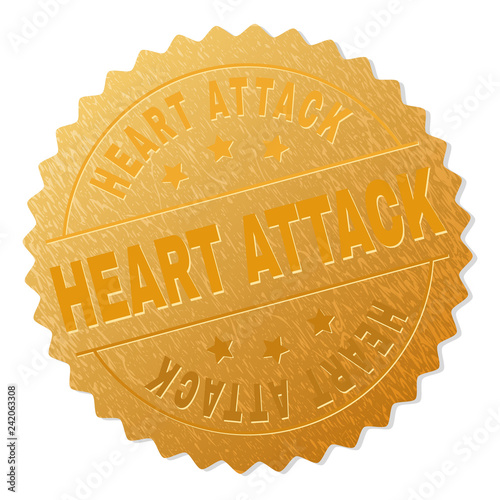 HEART ATTACK gold stamp award. Vector gold award with HEART ATTACK text. Text labels are placed between parallel lines and on circle. Golden surface has metallic structure.
