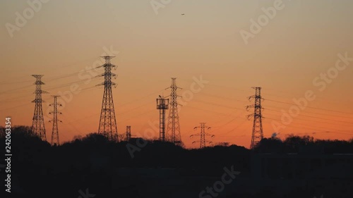 Tokyo,Japan-December 29, 2018: Transmission towers and steel poles before sunrise in Tokyo
