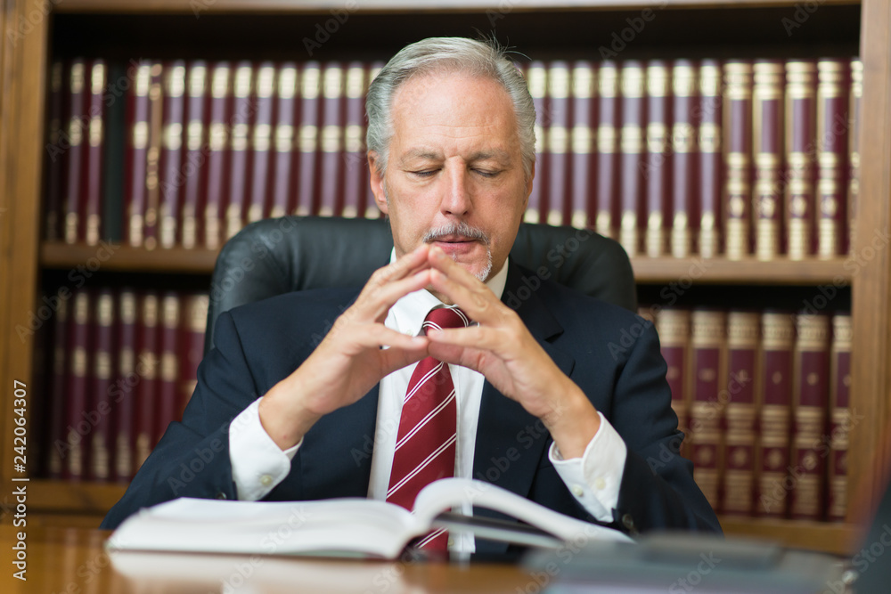Senior lawyer businessman reading his notes in the home office, thinking, pensive and worried business man Senior lawyer businessman reading his notes in the home office, thinking, pensive and worried business man
