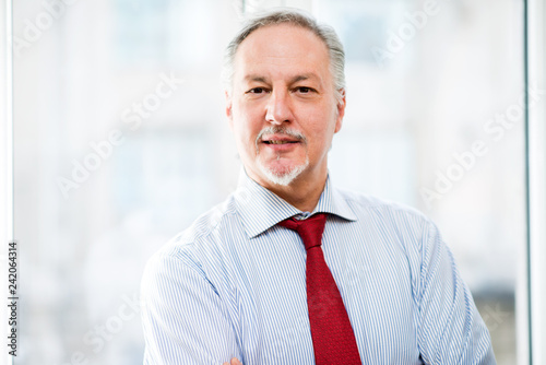 Bright portrait of a senior business man against a bright office background