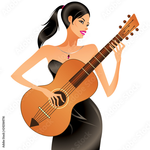 Beautiful woman playing acoustic guitar - vector illustration
