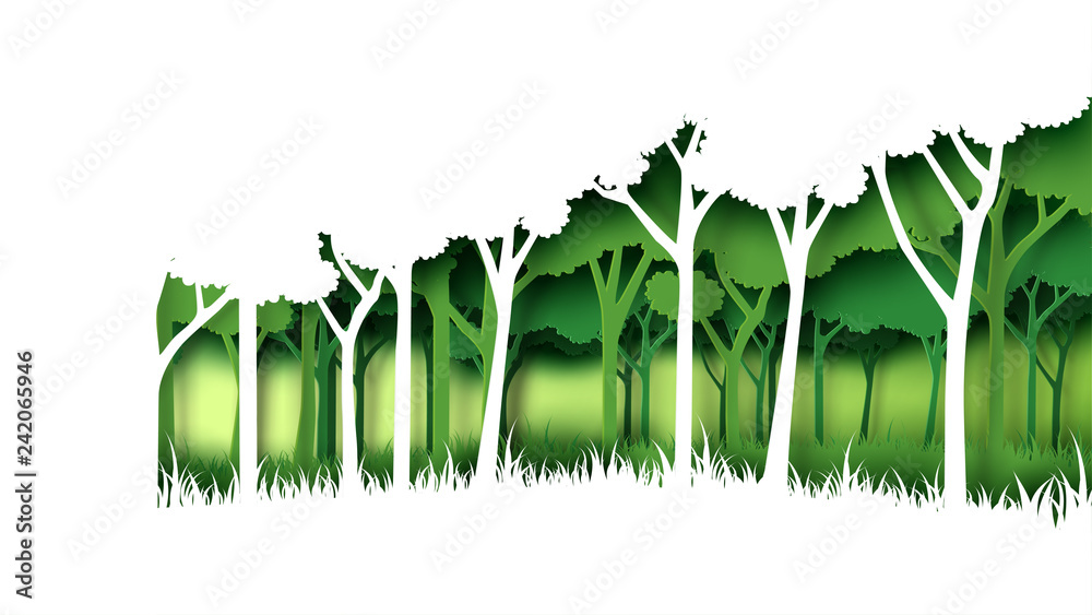 Eco green nature forest background template.Forest plantation with ecology and environment conservation creative idea concept paper art style.Vector illustration. - obrazy, fototapety, plakaty 