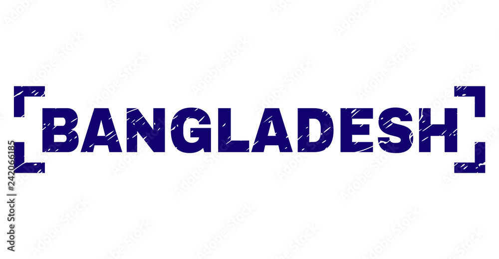 BANGLADESH text seal print with grunge texture. Text tag is placed inside corners. Blue vector rubber print of BANGLADESH with scratched texture.