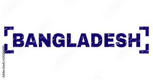 BANGLADESH text seal print with grunge texture. Text tag is placed inside corners. Blue vector rubber print of BANGLADESH with scratched texture.