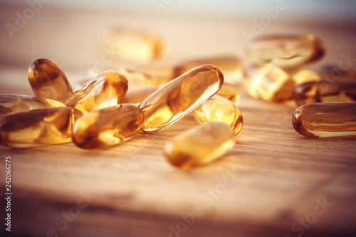Fotografija Close up the vitamin D and Omega 3 fish oil capsules supplement  for good brain