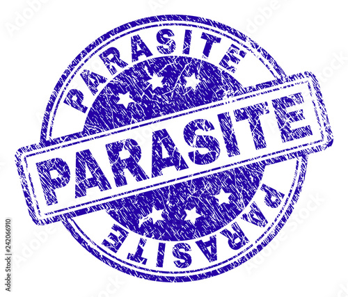 PARASITE stamp seal imprint with grunge texture. Designed with rounded rectangles and circles. Blue vector rubber print of PARASITE label with grunge texture.