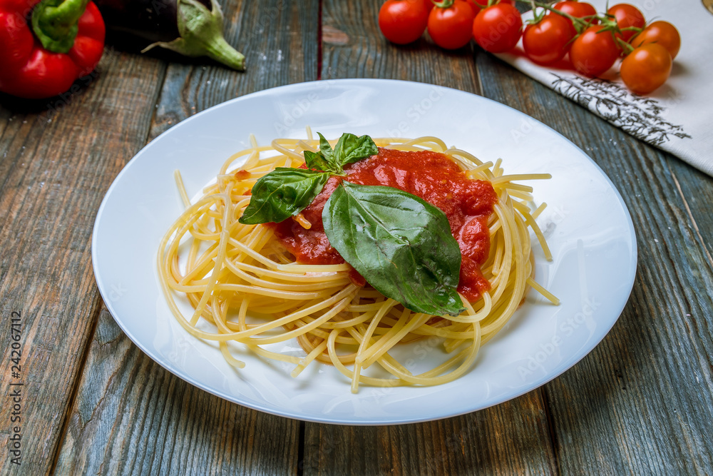 Spaghetti with vegetables in tomato sauce Spaghetti with vegetables in tomato sauce