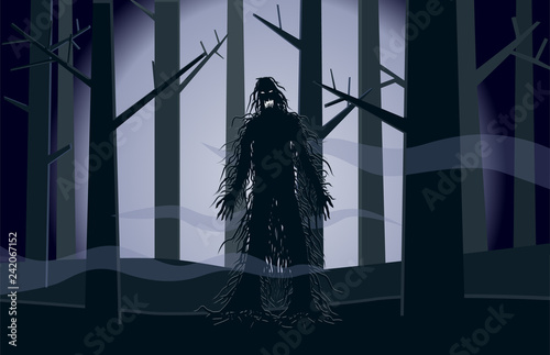 Scary hairy monster in the dark forest vector