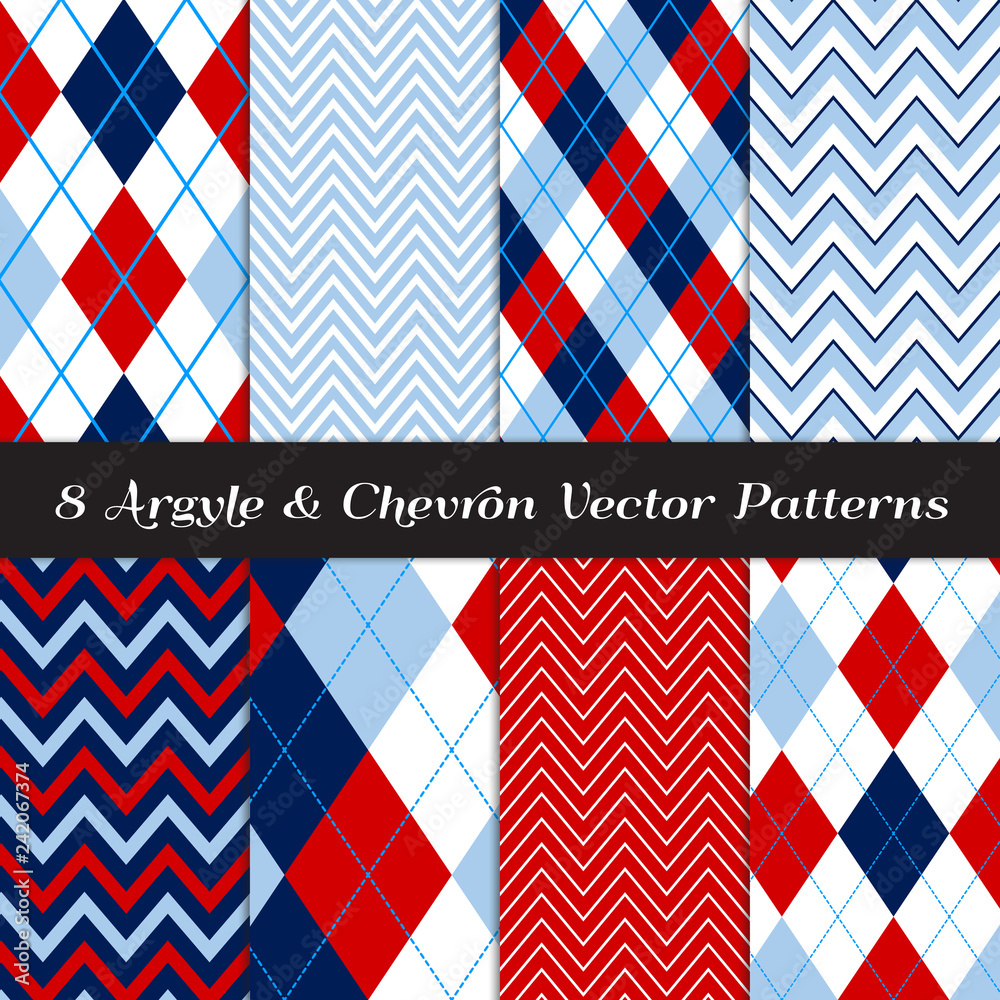 Navy, Blue, Red and White Argyle and Chevron Patterns. Modern Backgrounds  for Golf or Independence Day Illustrations. Repeating Pattern Tile Swatches  Included in Vector EPS File. Stock Vector
