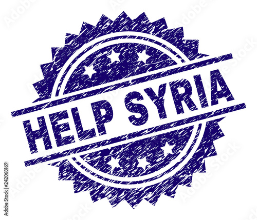 HELP SYRIA stamp seal watermark with distress style. Blue vector rubber print of HELP SYRIA caption with grunge texture.