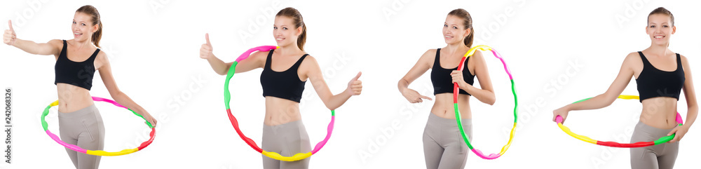 Young woman with hula hoop isolated on white Young woman with hula hoop isolated on white