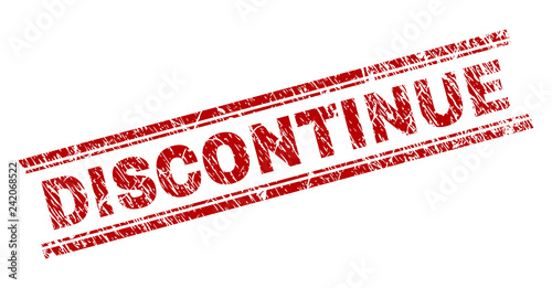 DISCONTINUE seal watermark with grunge texture. Red vector rubber print of DISCONTINUE tag with grunge texture. Text caption is placed between double parallel lines.
