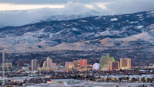 Downtown Reno Skyline Time Lapse in Winter with Fresh Snow - Shallow Depth of Field