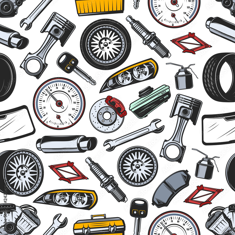 Spare parts of car and auto seamless pattern
