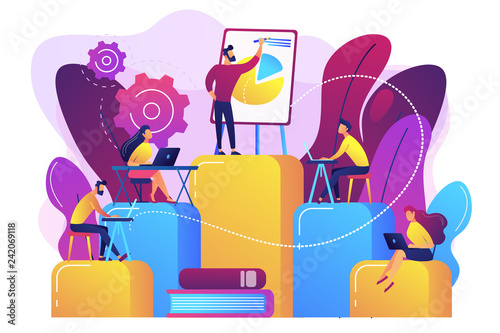 Employees with laptops learning at professional trainig. Internal education, employee education, professional development program concept. Bright vibrant violet vector isolated illustration