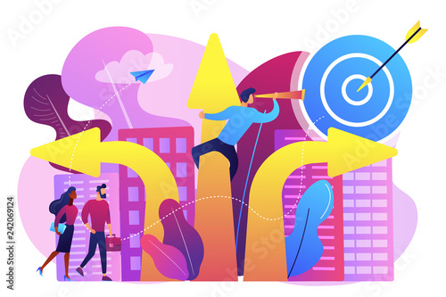 Business people and empolyee choosing new career direction arrow with target. Career change, alternative career, retraining for a new job concept. Bright vibrant violet vector isolated illustration