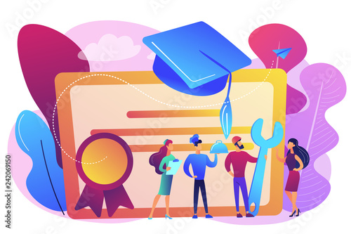 Vocational specialists graduating and diploma with graduation cap. Vocational education, professional learning, online vocational education concept. Bright vibrant violet vector isolated illustration